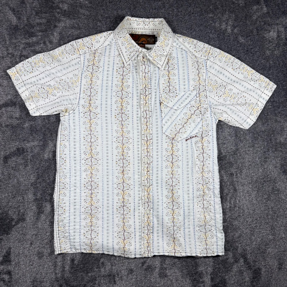 Prana Breathe Mens Slim Fit Short Sleeve Button Down Floral Stripe Shirt Medium
